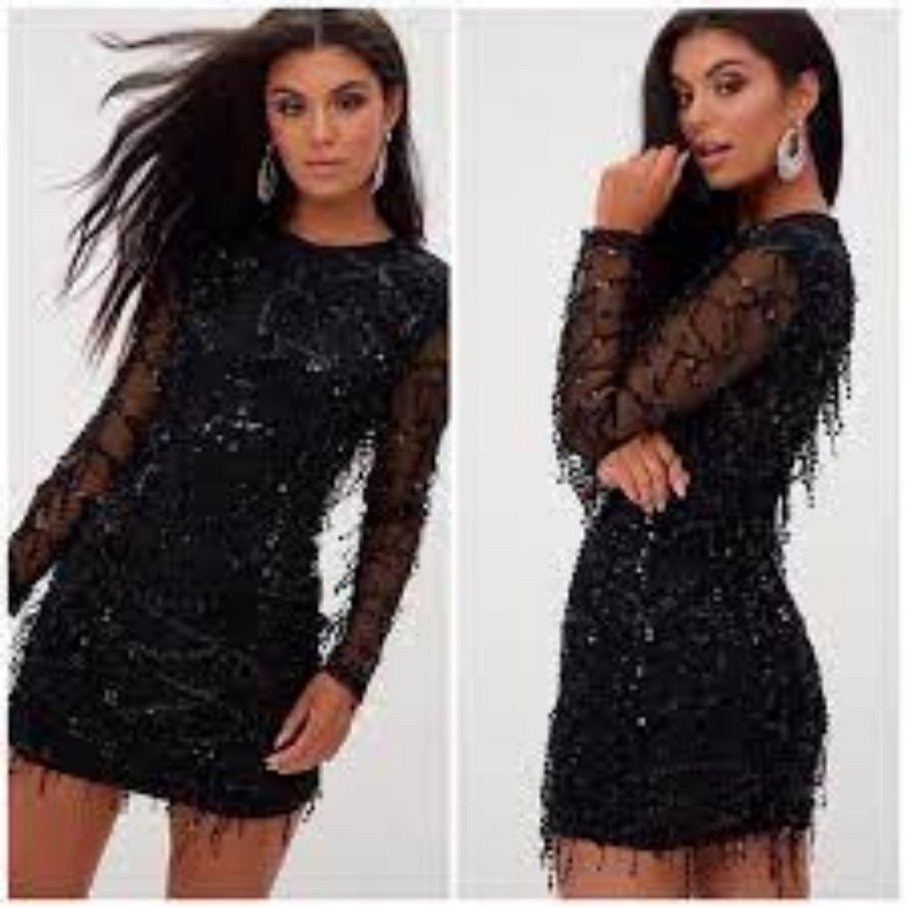 Pretty Little Thing black dangly sequin dress